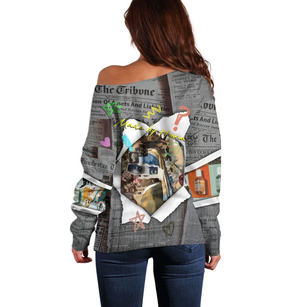 Cat Girl With A Pearl Earring Newspaper Off Shoulder Sweater Made By Human Handmade Mixed Media Pop Art