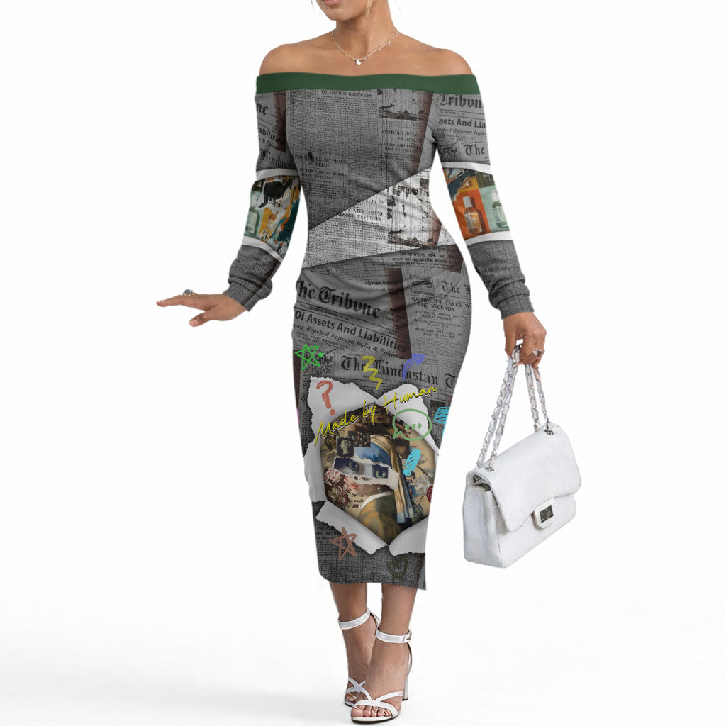 Cat Girl With A Pearl Earring Newspaper Off The Shoulder Long Sleeve Dress Made By Human Handmade Mixed Media Pop Art