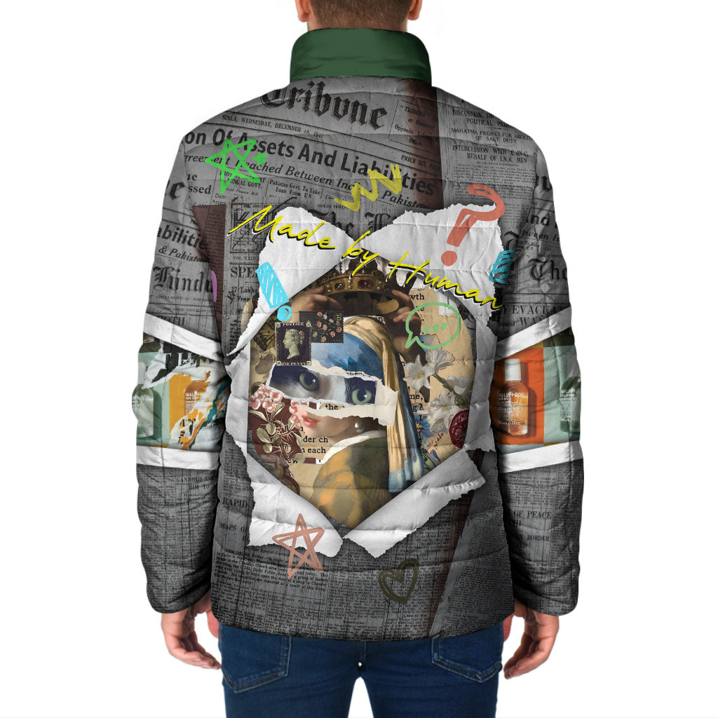 Cat Girl With A Pearl Earring Newspaper Padded Jacket Made By Human Handmade Mixed Media Pop Art