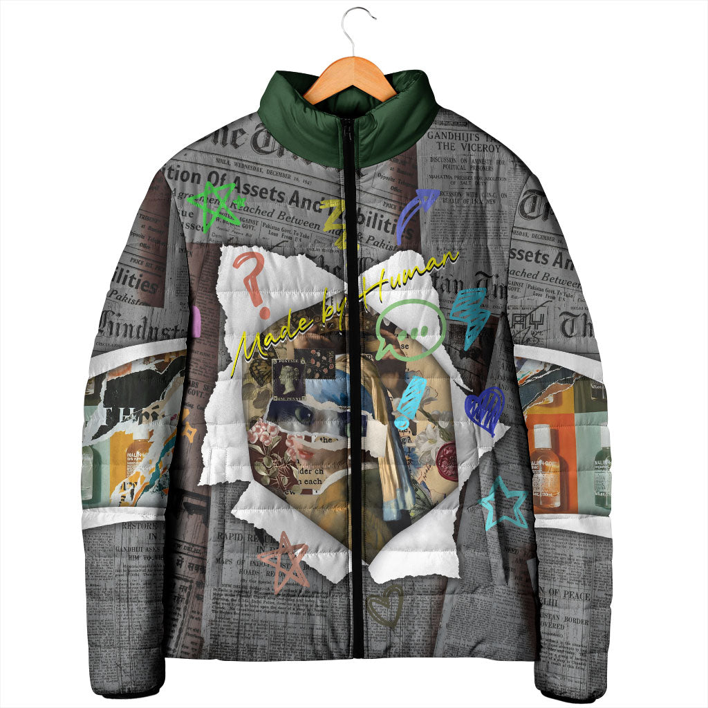 Cat Girl With A Pearl Earring Newspaper Padded Jacket Made By Human Handmade Mixed Media Pop Art