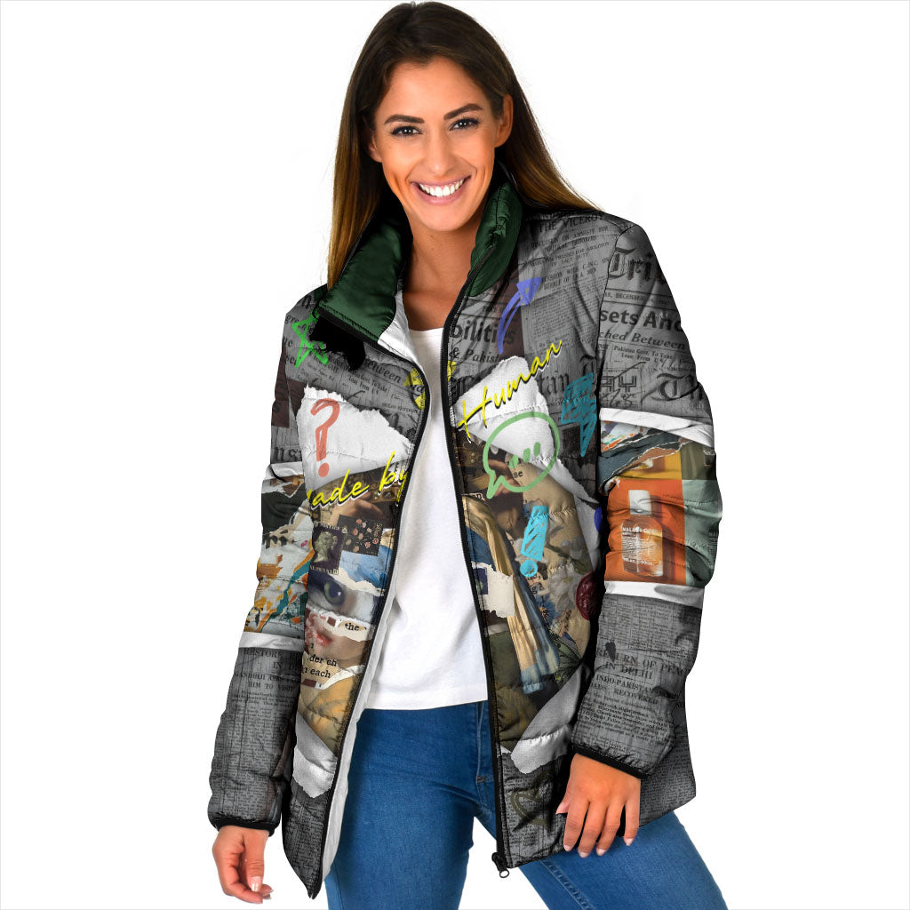 Cat Girl With A Pearl Earring Newspaper Padded Jacket Made By Human Handmade Mixed Media Pop Art