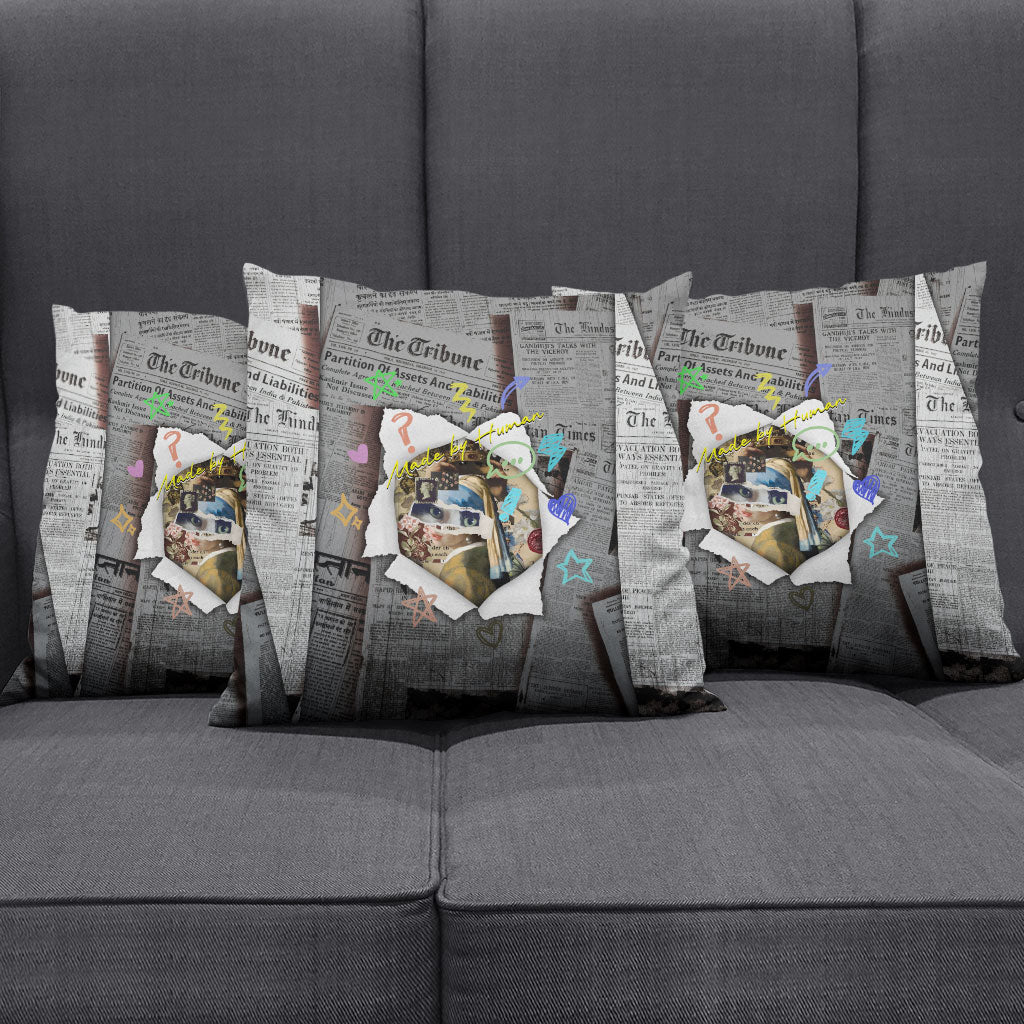 Cat Girl With A Pearl Earring Newspaper Pillow Cover Made By Human Handmade Mixed Media Pop Art