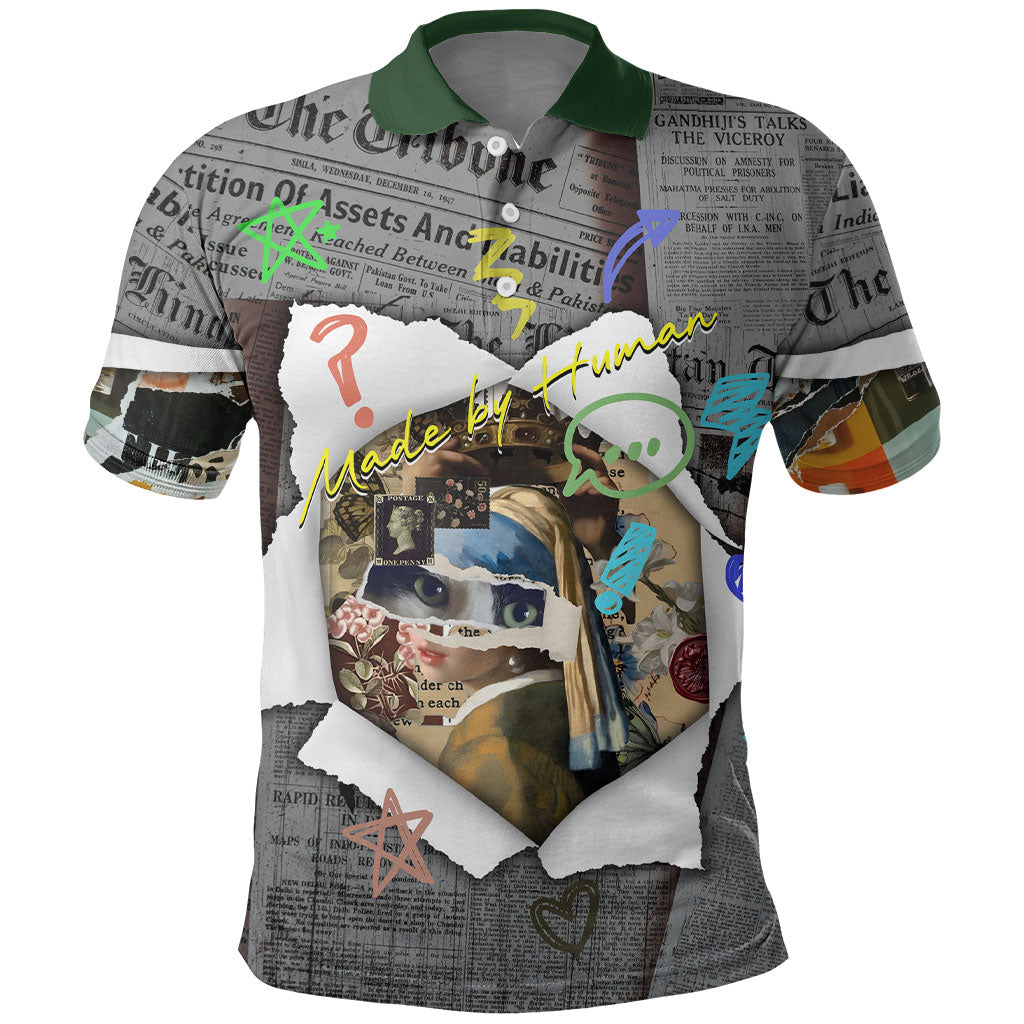 Cat Girl With A Pearl Earring Newspaper Polo Shirt Made By Human Handmade Mixed Media Pop Art