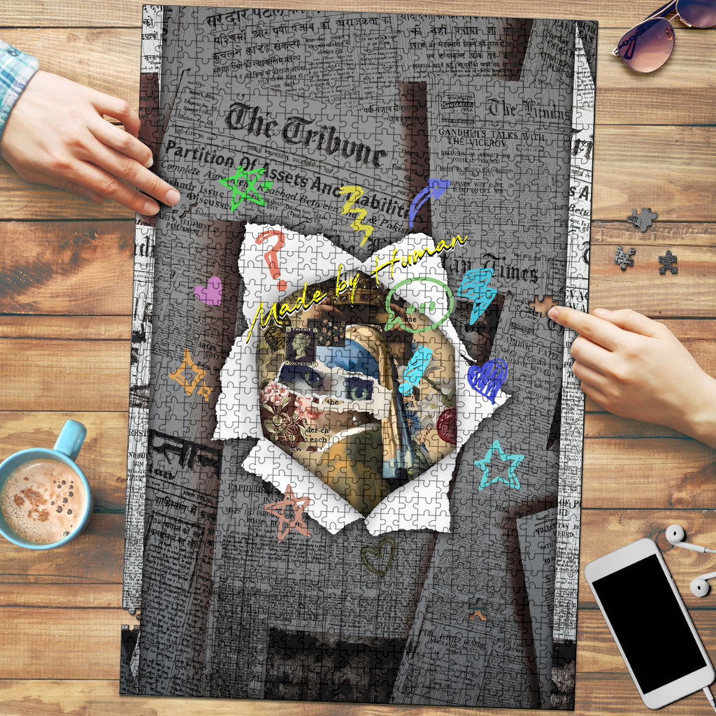 Cat Girl With A Pearl Earring Newspaper Puzzle Made By Human Handmade Mixed Media Pop Art
