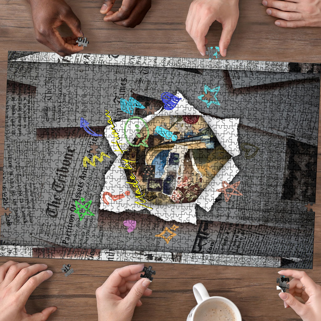 Cat Girl With A Pearl Earring Newspaper Puzzle Made By Human Handmade Mixed Media Pop Art