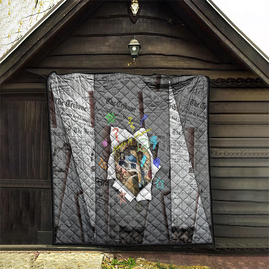 Cat Girl With A Pearl Earring Newspaper Quilt Made By Human Handmade Mixed Media Pop Art