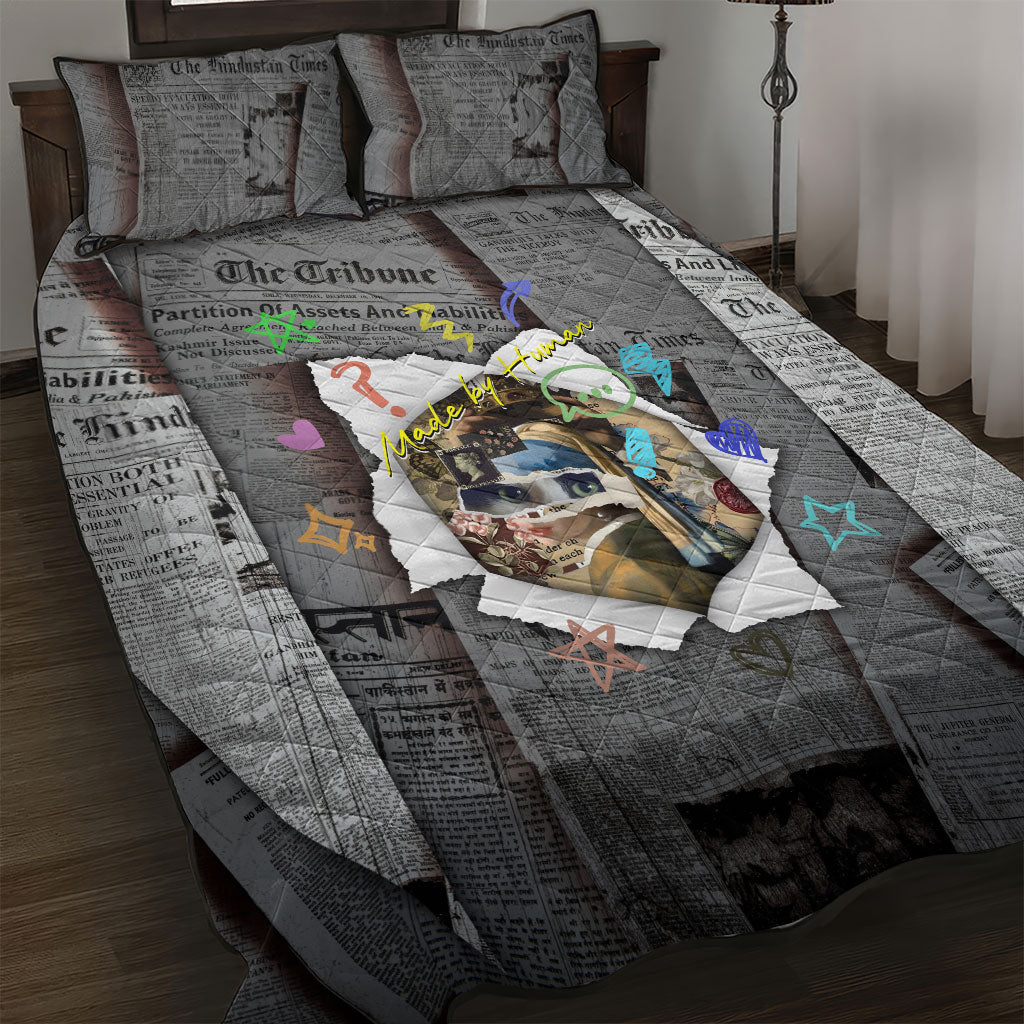 Cat Girl With A Pearl Earring Newspaper Quilt Bed Set Made By Human Handmade Mixed Media Pop Art