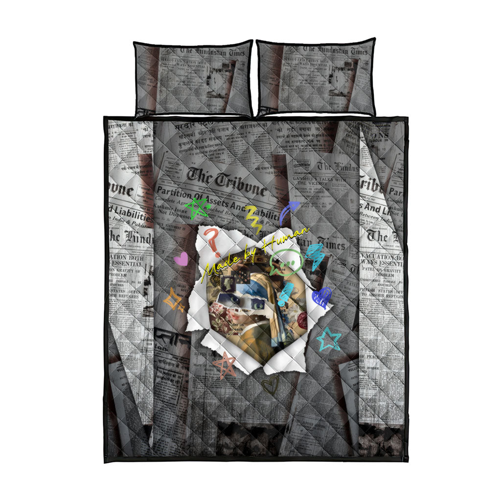 Cat Girl With A Pearl Earring Newspaper Quilt Bed Set Made By Human Handmade Mixed Media Pop Art