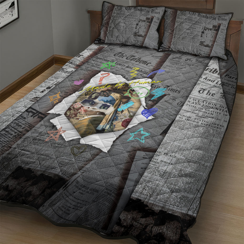 Cat Girl With A Pearl Earring Newspaper Quilt Bed Set Made By Human Handmade Mixed Media Pop Art