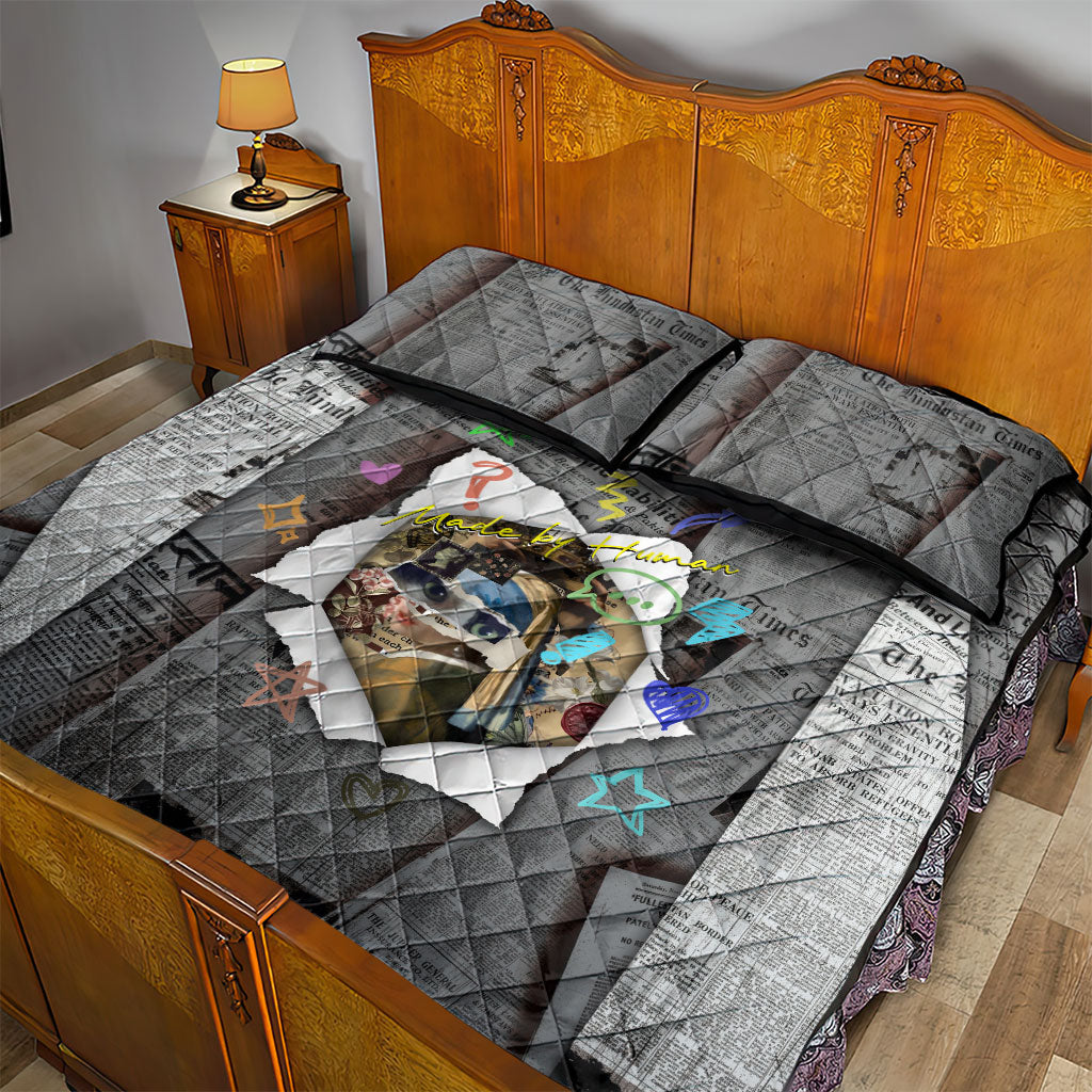 Cat Girl With A Pearl Earring Newspaper Quilt Bed Set Made By Human Handmade Mixed Media Pop Art