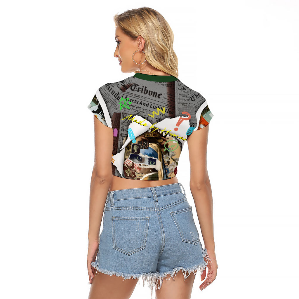 Cat Girl With A Pearl Earring Newspaper Raglan Cropped T Shirt Made By Human Handmade Mixed Media Pop Art