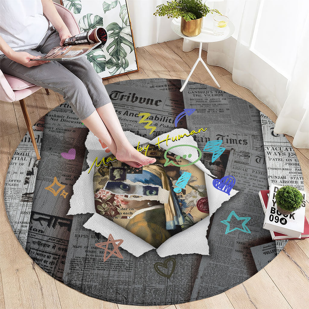 Cat Girl With A Pearl Earring Newspaper Round Carpet Made By Human Handmade Mixed Media Pop Art
