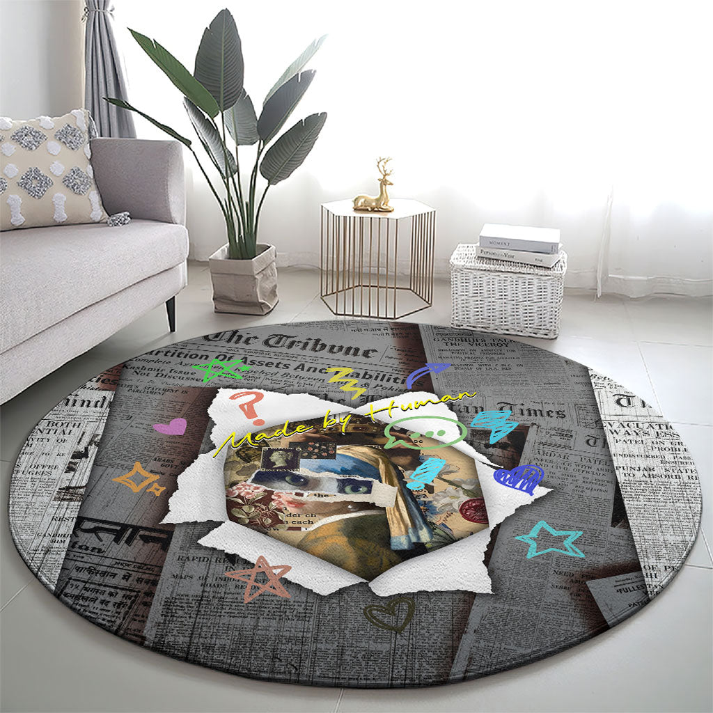 Cat Girl With A Pearl Earring Newspaper Round Carpet Made By Human Handmade Mixed Media Pop Art