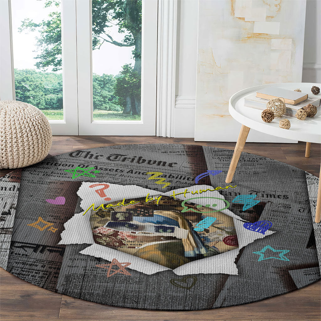 Cat Girl With A Pearl Earring Newspaper Round Carpet Made By Human Handmade Mixed Media Pop Art