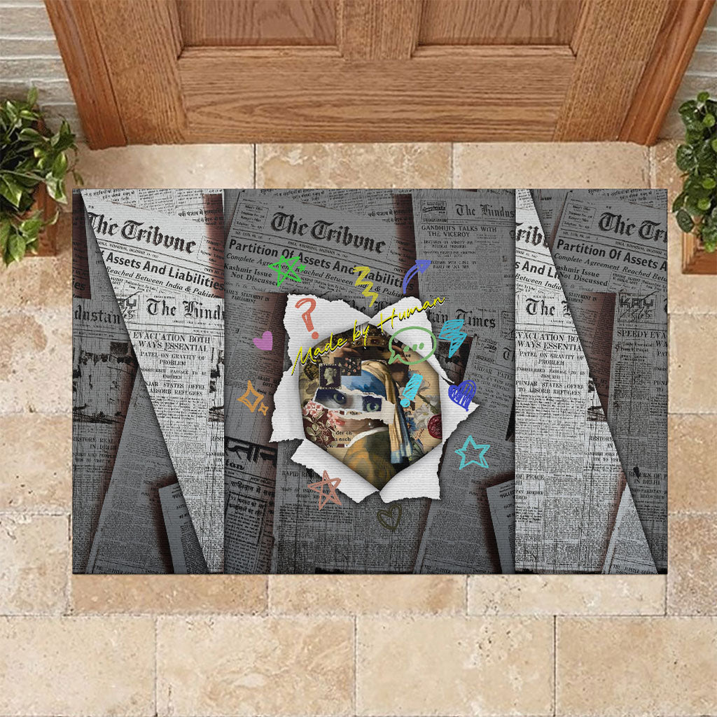 Cat Girl With A Pearl Earring Newspaper Rubber Doormat Made By Human Handmade Mixed Media Pop Art
