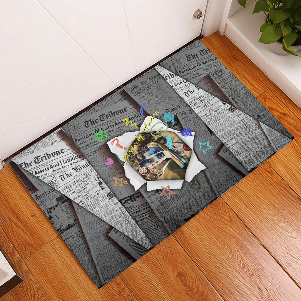 Cat Girl With A Pearl Earring Newspaper Rubber Doormat Made By Human Handmade Mixed Media Pop Art