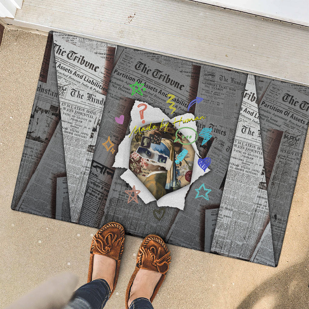 Cat Girl With A Pearl Earring Newspaper Rubber Doormat Made By Human Handmade Mixed Media Pop Art