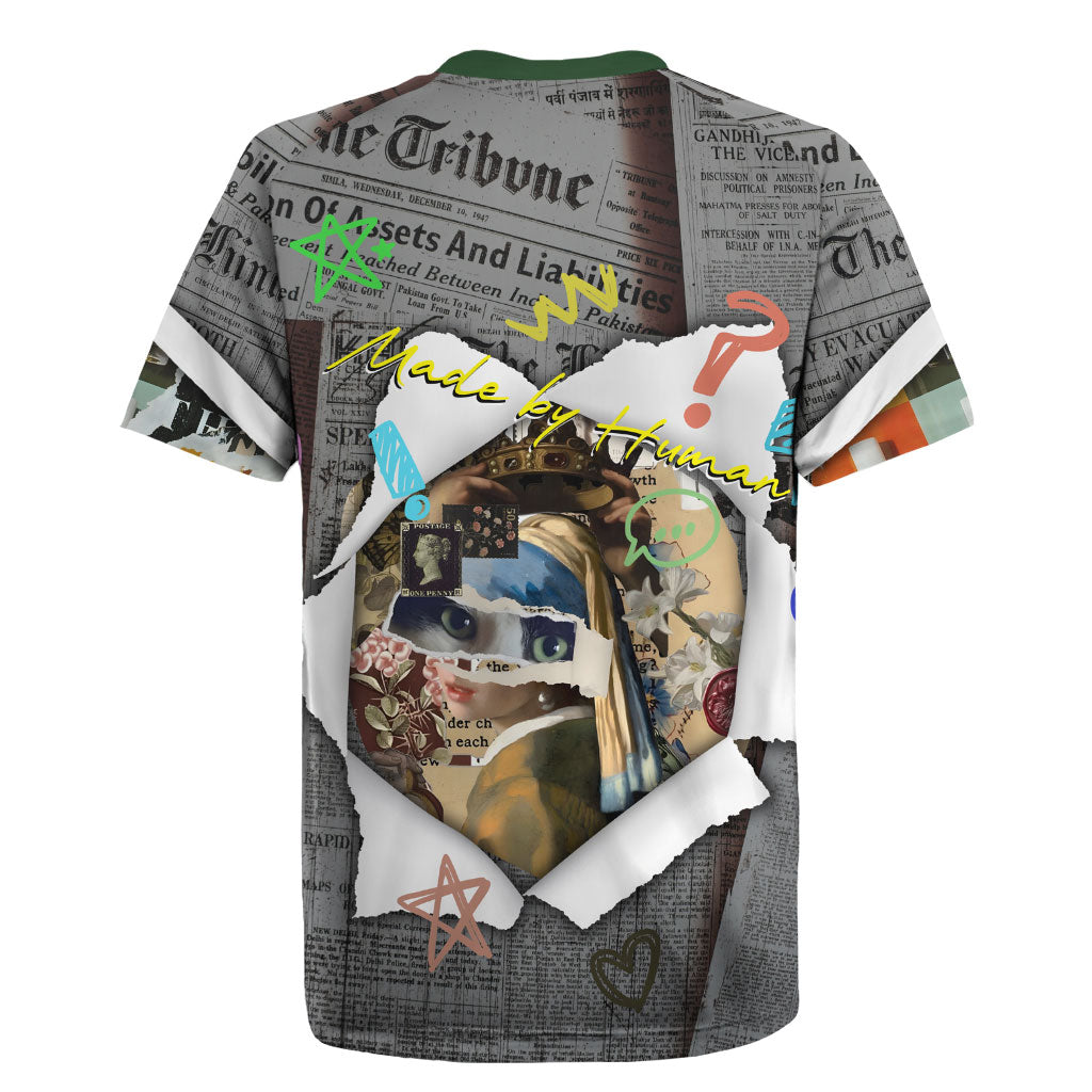 Cat Girl With A Pearl Earring Newspaper Rugby Jersey Made By Human Handmade Mixed Media Pop Art