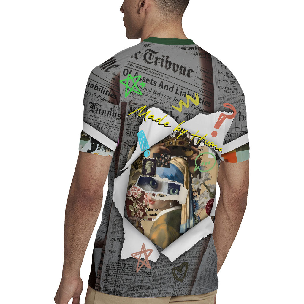 Cat Girl With A Pearl Earring Newspaper Rugby Jersey Made By Human Handmade Mixed Media Pop Art