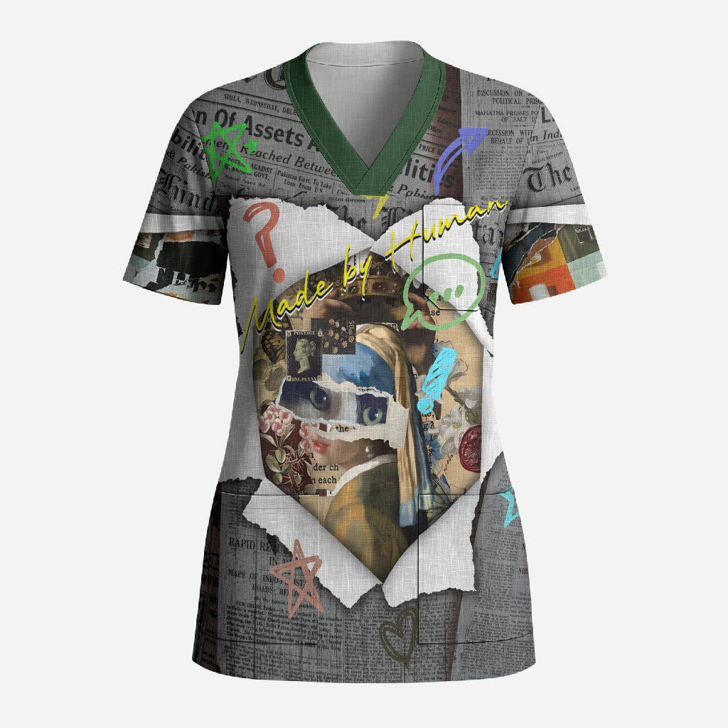 Cat Girl With A Pearl Earring Newspaper Scrub Top Made By Human Handmade Mixed Media Pop Art
