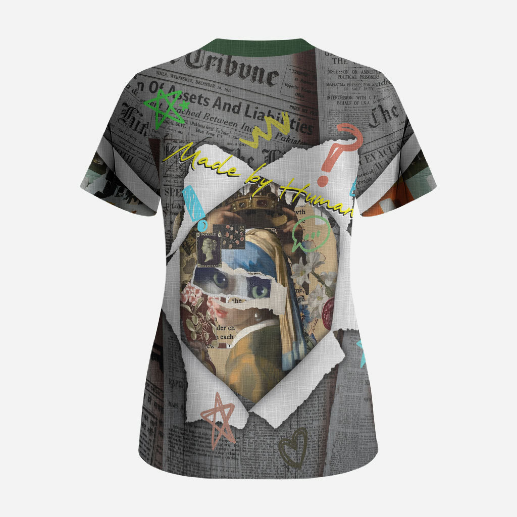 Cat Girl With A Pearl Earring Newspaper Scrub Top Made By Human Handmade Mixed Media Pop Art