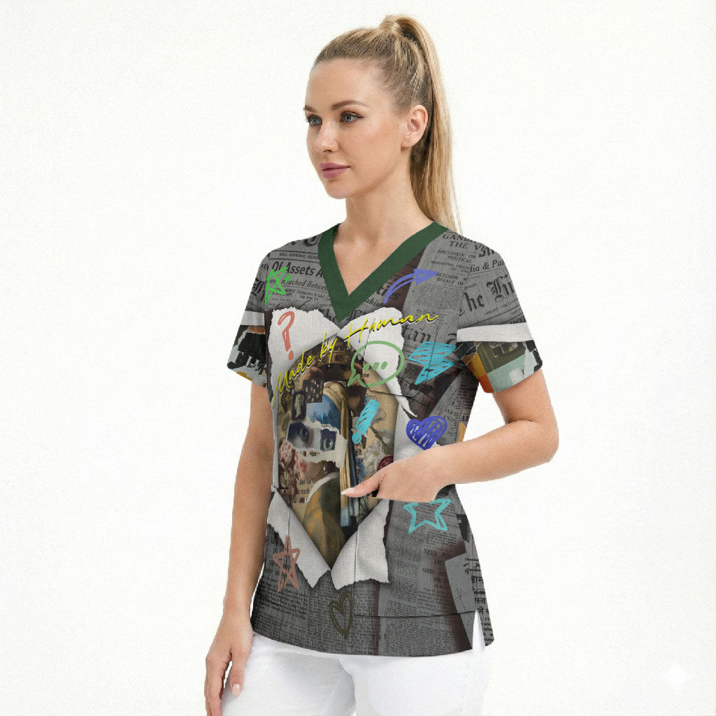 Cat Girl With A Pearl Earring Newspaper Scrub Top Made By Human Handmade Mixed Media Pop Art