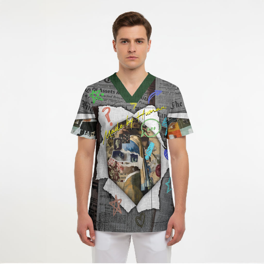 Cat Girl With A Pearl Earring Newspaper Scrub Top Made By Human Handmade Mixed Media Pop Art