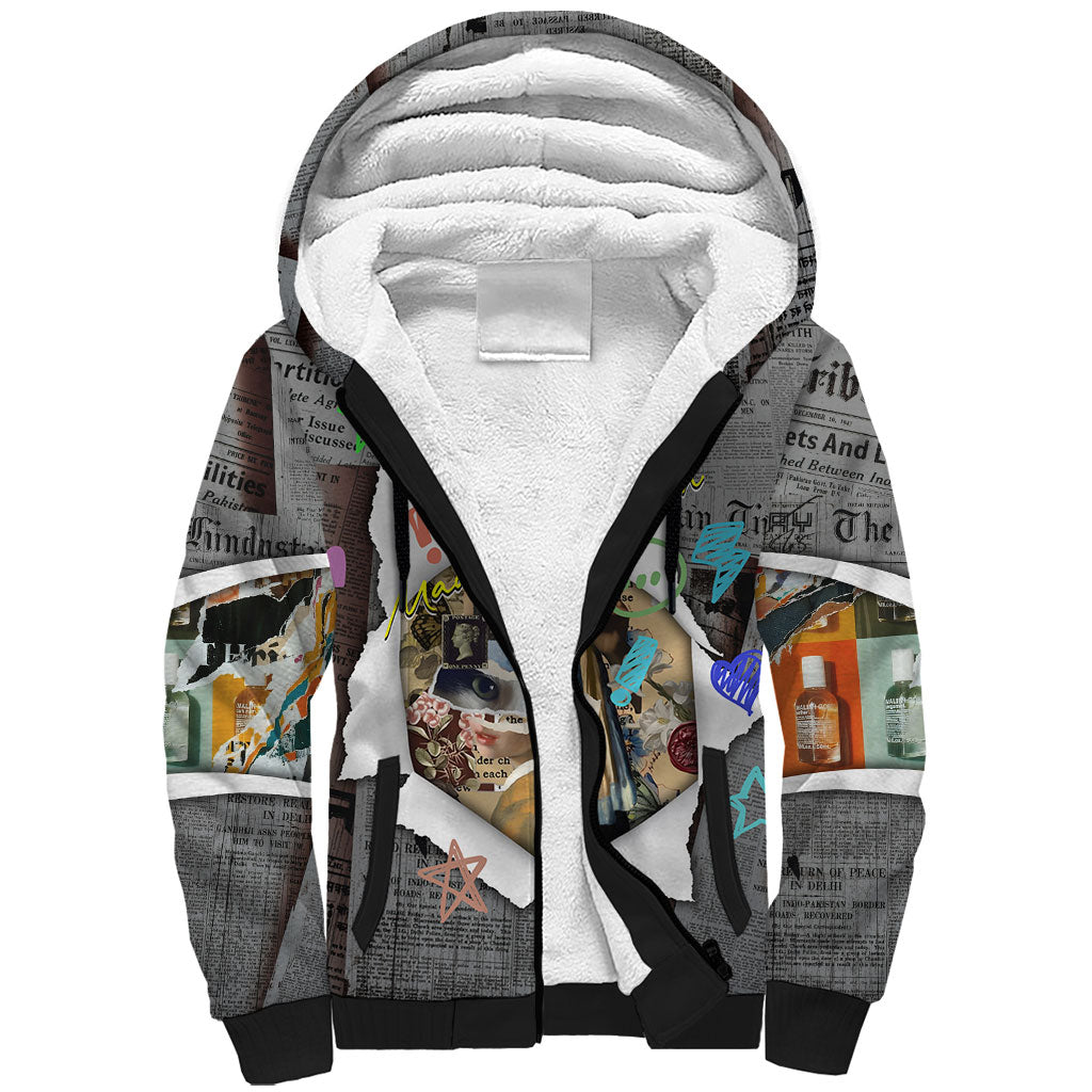 Cat Girl With A Pearl Earring Newspaper Sherpa Hoodie Made By Human Handmade Mixed Media Pop Art