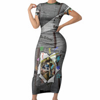 Cat Girl With A Pearl Earring Newspaper Short Sleeve Bodycon Dress Made By Human Handmade Mixed Media Pop Art