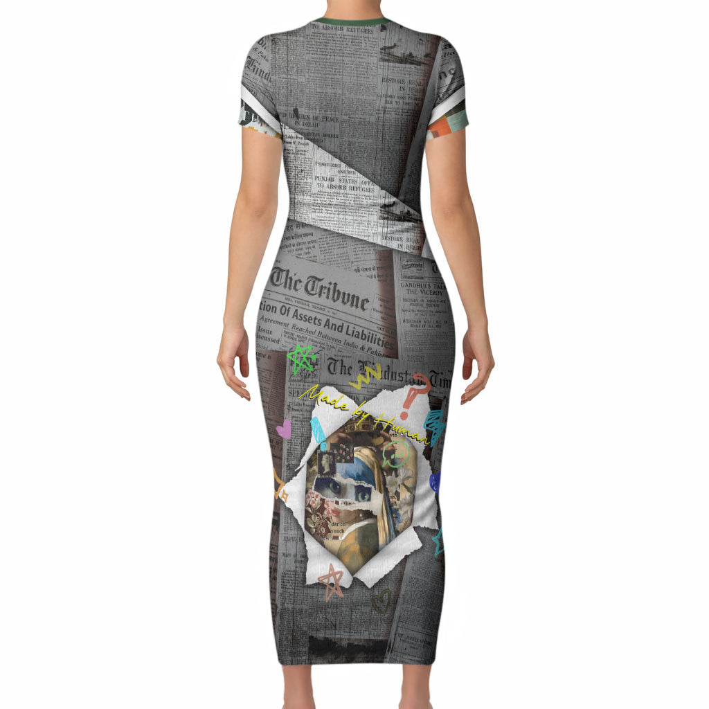 Cat Girl With A Pearl Earring Newspaper Short Sleeve Bodycon Dress Made By Human Handmade Mixed Media Pop Art