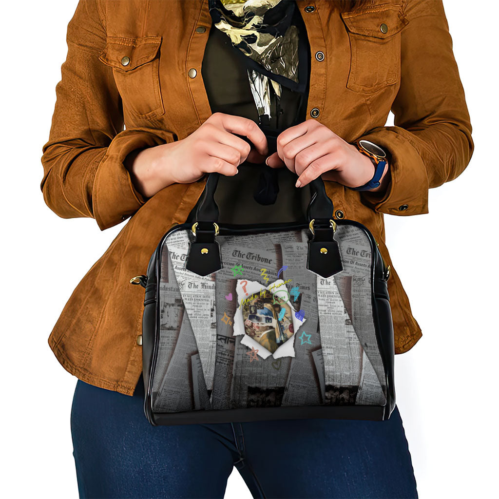 Cat Girl With A Pearl Earring Newspaper Shoulder Handbag Made By Human Handmade Mixed Media Pop Art