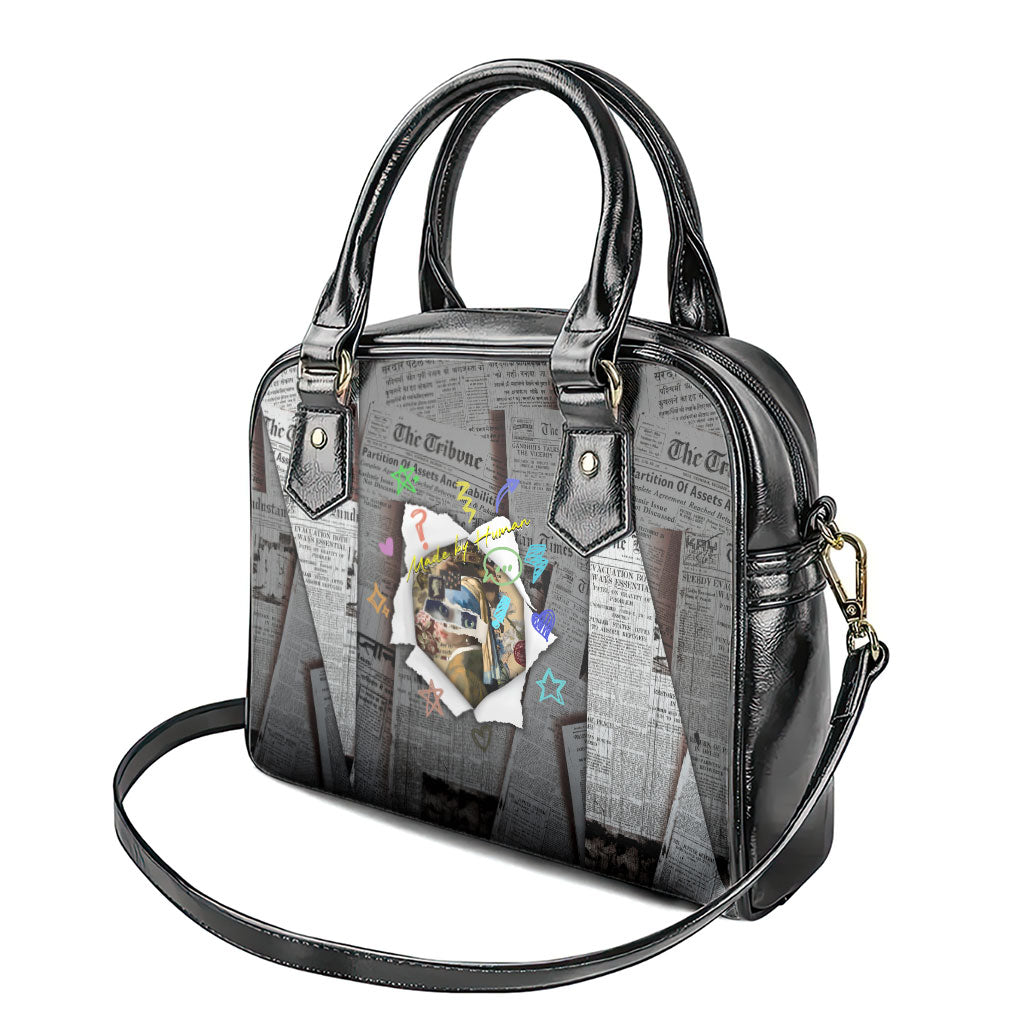 Cat Girl With A Pearl Earring Newspaper Shoulder Handbag Made By Human Handmade Mixed Media Pop Art