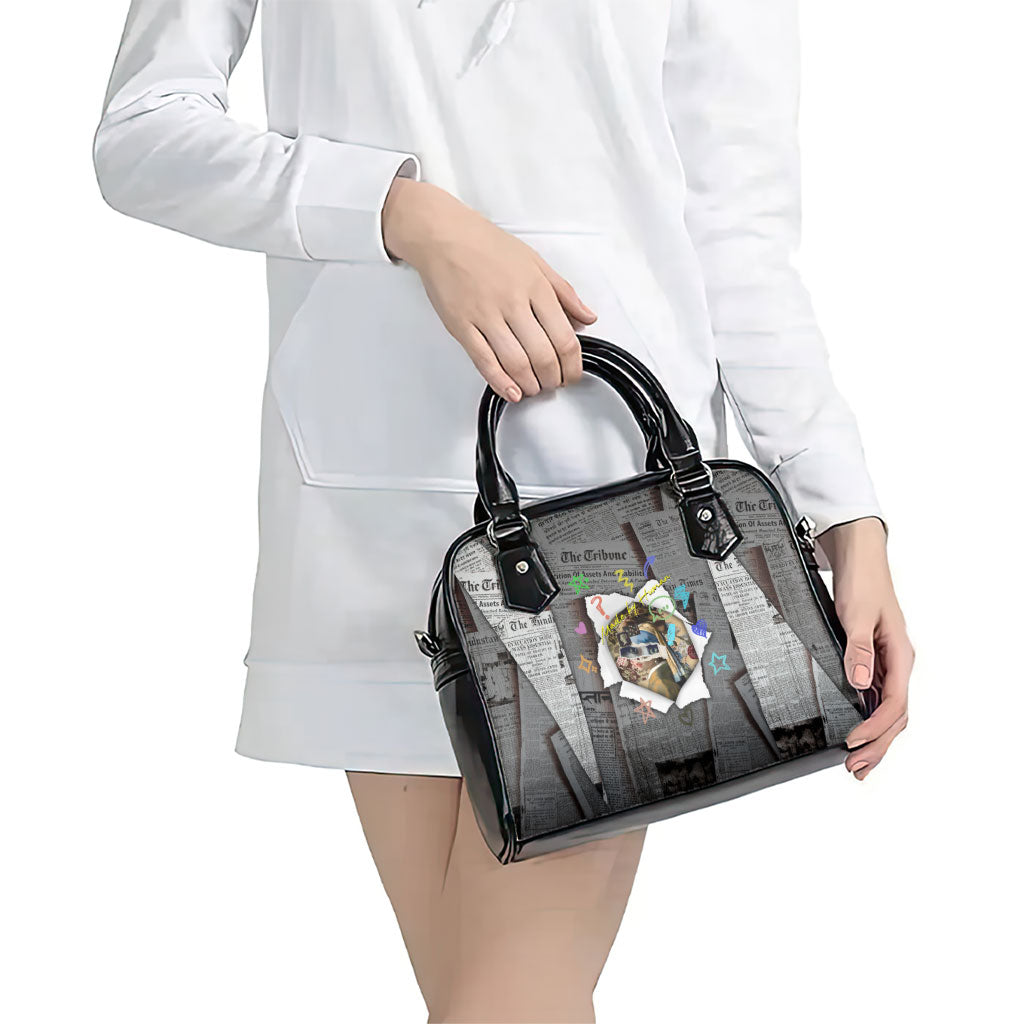 Cat Girl With A Pearl Earring Newspaper Shoulder Handbag Made By Human Handmade Mixed Media Pop Art