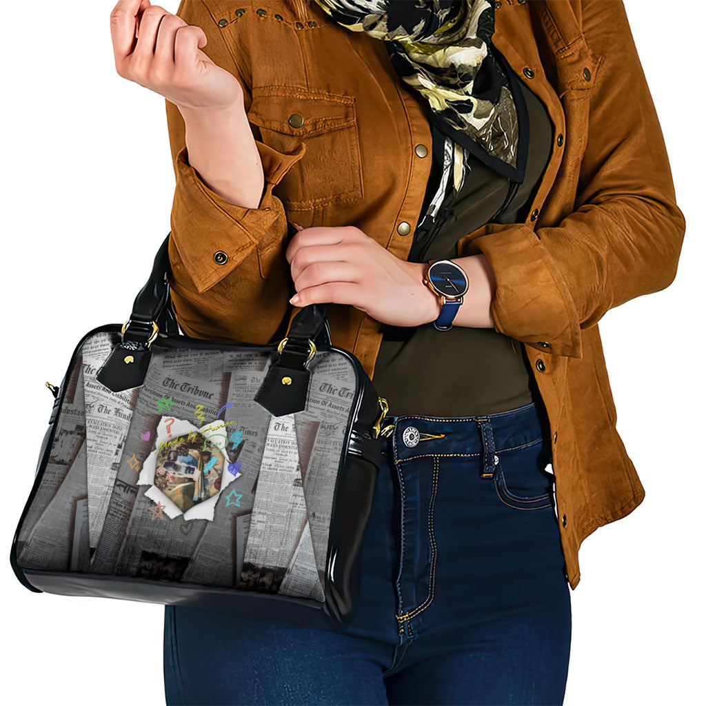 Cat Girl With A Pearl Earring Newspaper Shoulder Handbag Made By Human Handmade Mixed Media Pop Art