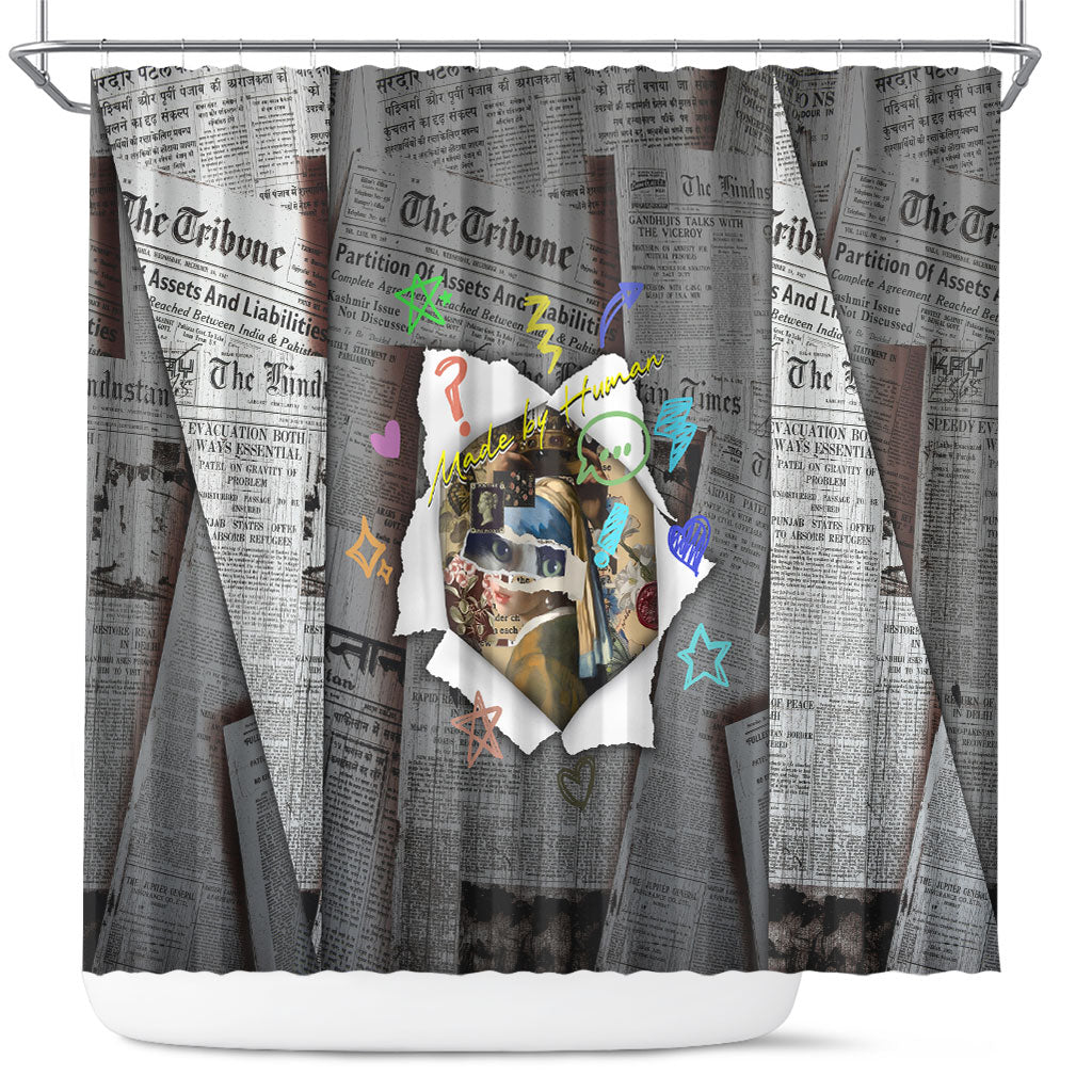 Cat Girl With A Pearl Earring Newspaper Shower Curtain Made By Human Handmade Mixed Media Pop Art