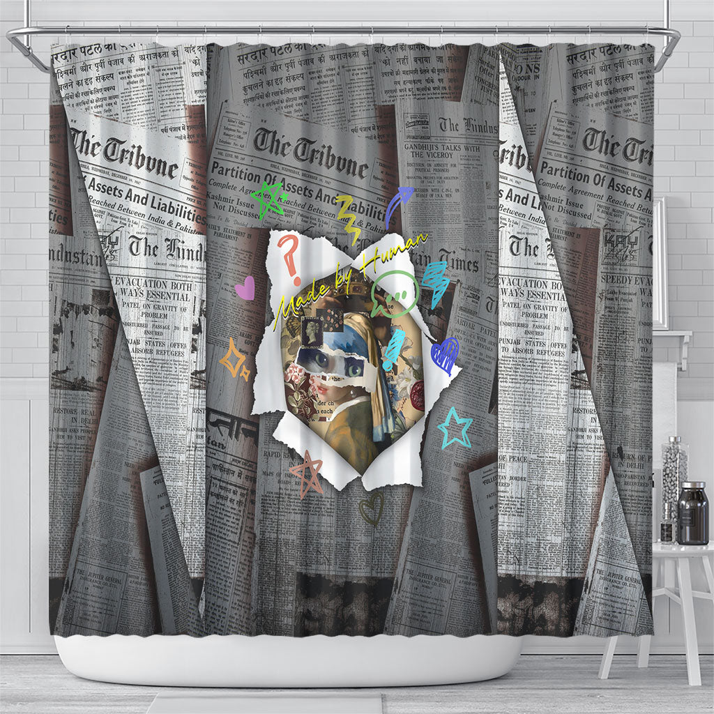 Cat Girl With A Pearl Earring Newspaper Shower Curtain Made By Human Handmade Mixed Media Pop Art
