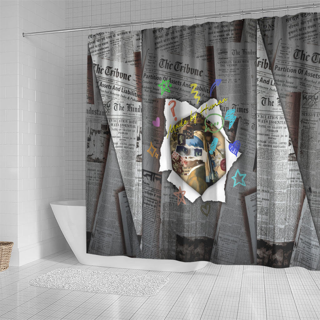 Cat Girl With A Pearl Earring Newspaper Shower Curtain Made By Human Handmade Mixed Media Pop Art