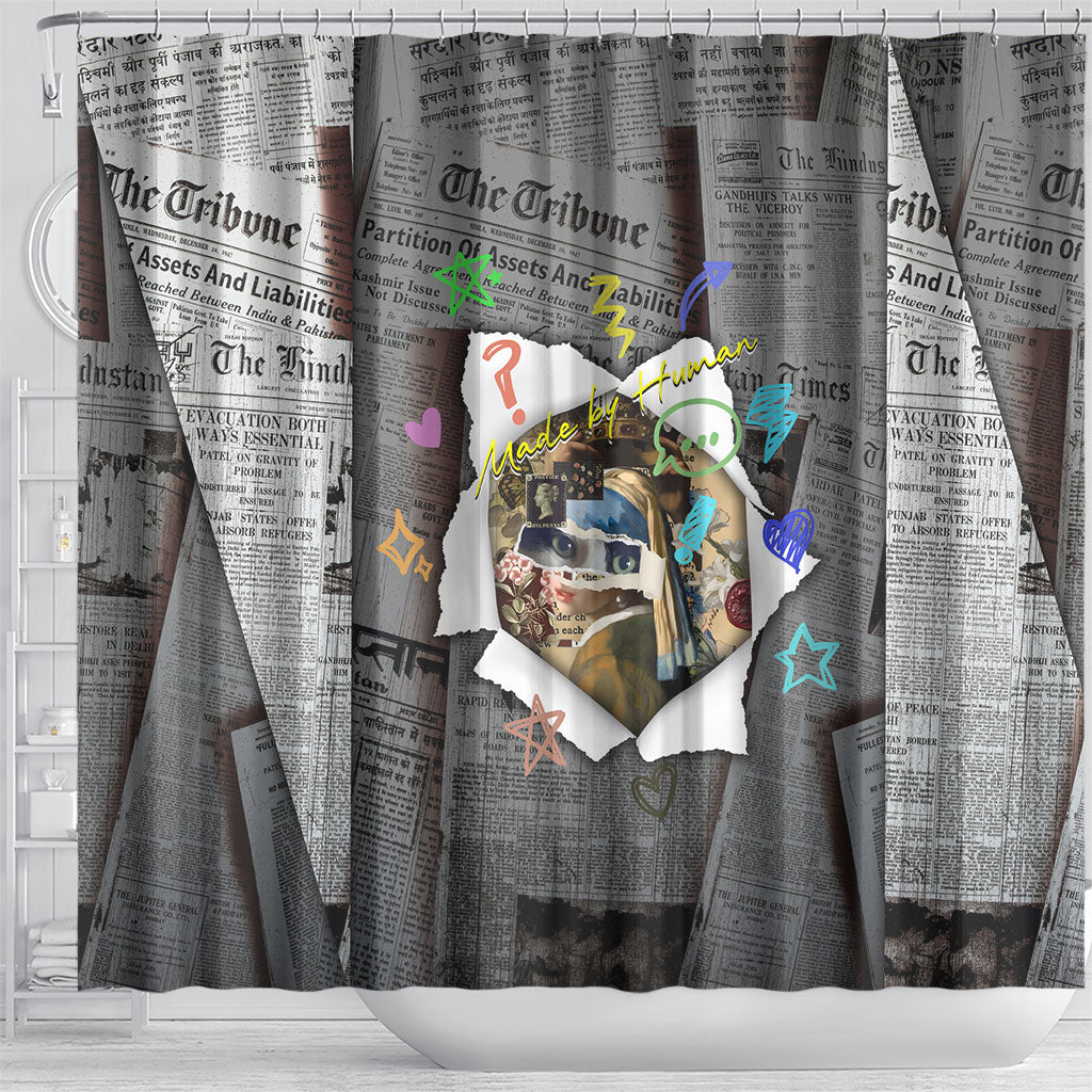 Cat Girl With A Pearl Earring Newspaper Shower Curtain Made By Human Handmade Mixed Media Pop Art