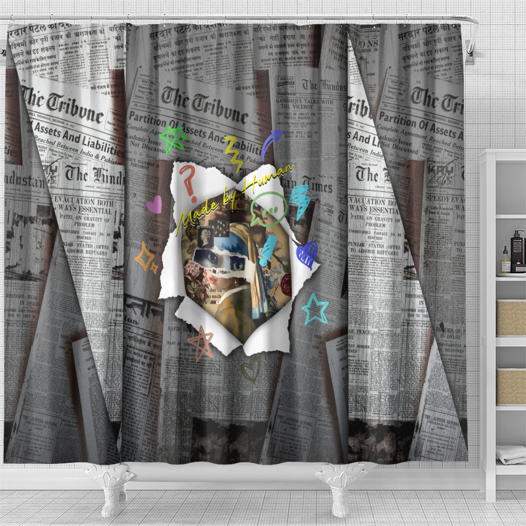 Cat Girl With A Pearl Earring Newspaper Shower Curtain Made By Human Handmade Mixed Media Pop Art