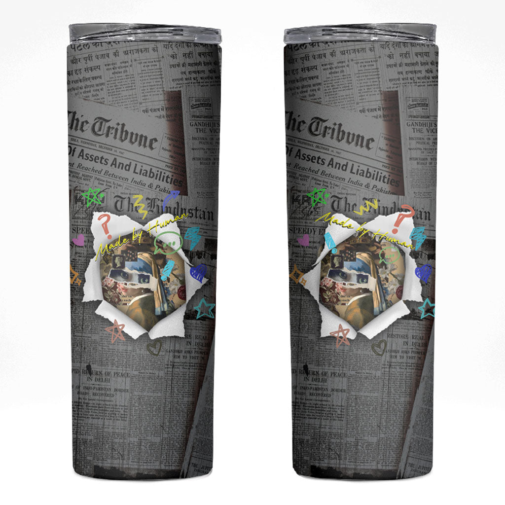 Cat Girl With A Pearl Earring Newspaper Skinny Tumbler Made By Human Handmade Mixed Media Pop Art