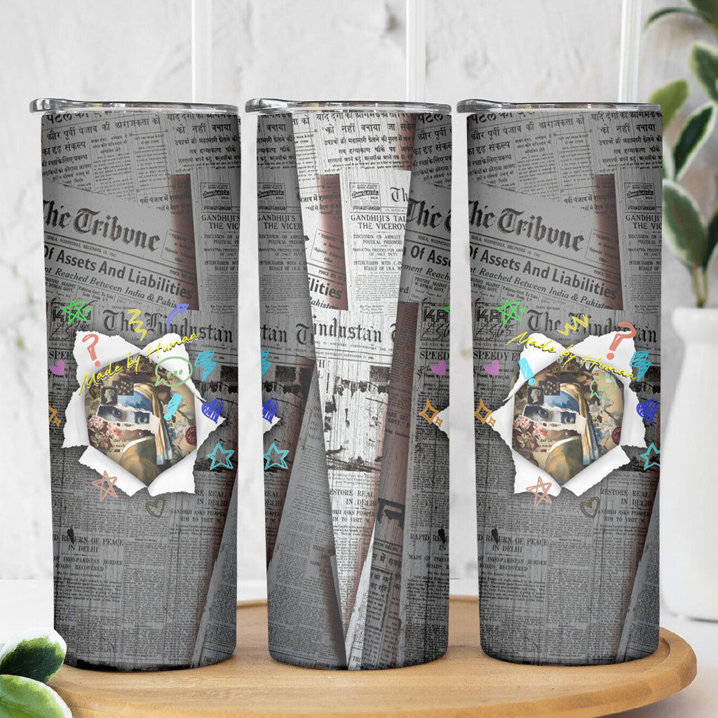 Cat Girl With A Pearl Earring Newspaper Skinny Tumbler Made By Human Handmade Mixed Media Pop Art