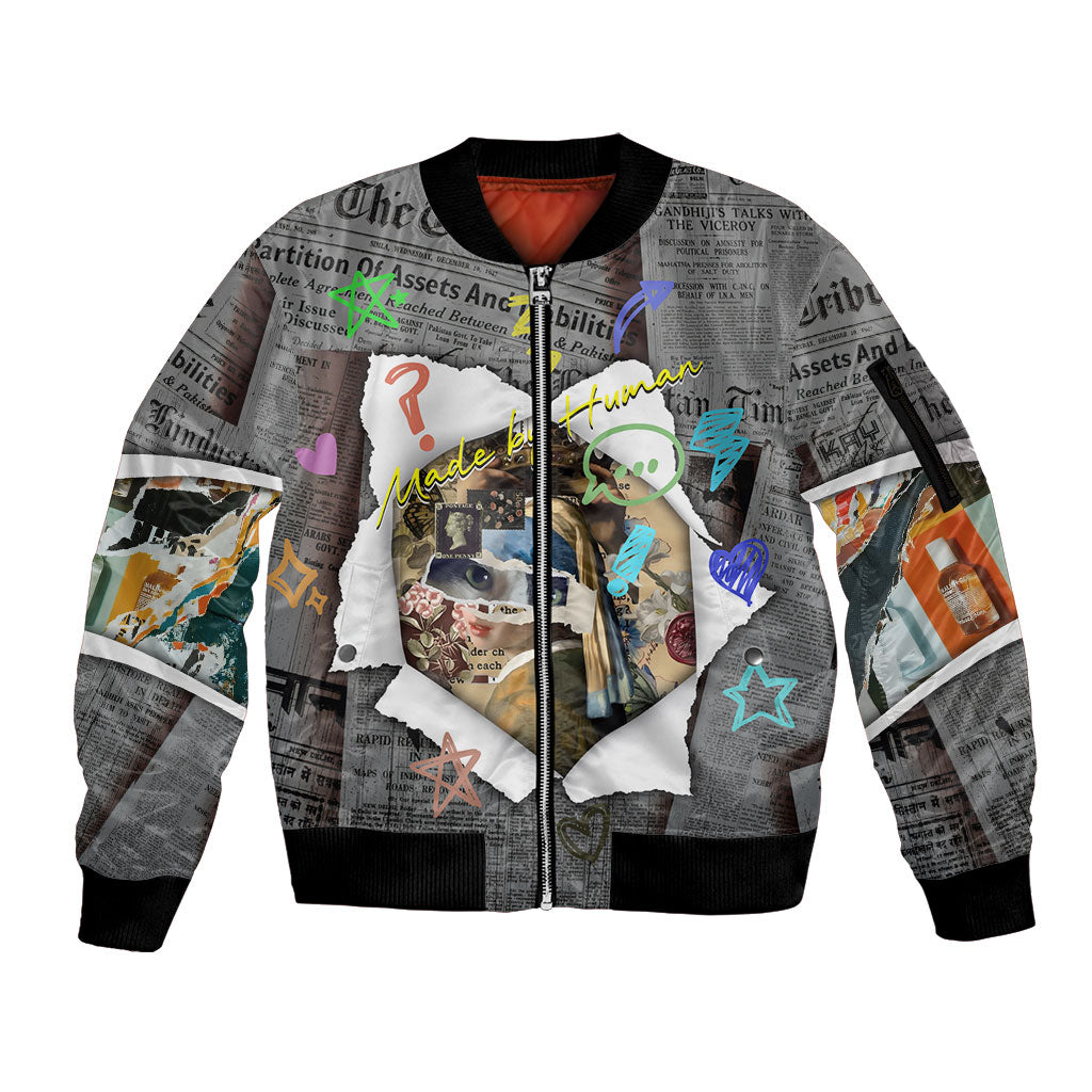 Cat Girl With A Pearl Earring Newspaper Sleeve Zip Bomber Jacket Made By Human Handmade Mixed Media Pop Art