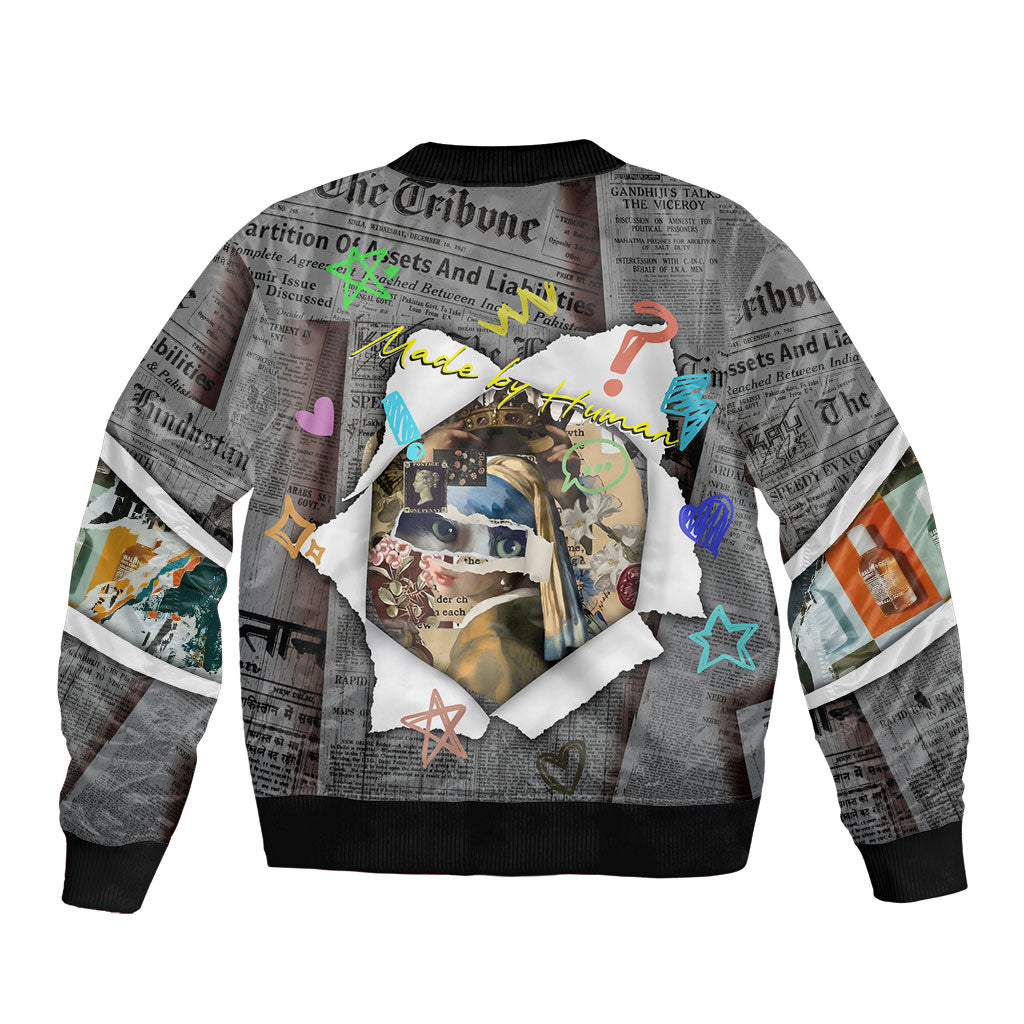 Cat Girl With A Pearl Earring Newspaper Sleeve Zip Bomber Jacket Made By Human Handmade Mixed Media Pop Art