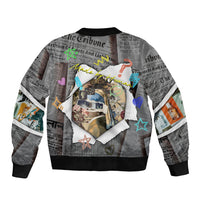 Cat Girl With A Pearl Earring Newspaper Sleeve Zip Bomber Jacket Made By Human Handmade Mixed Media Pop Art