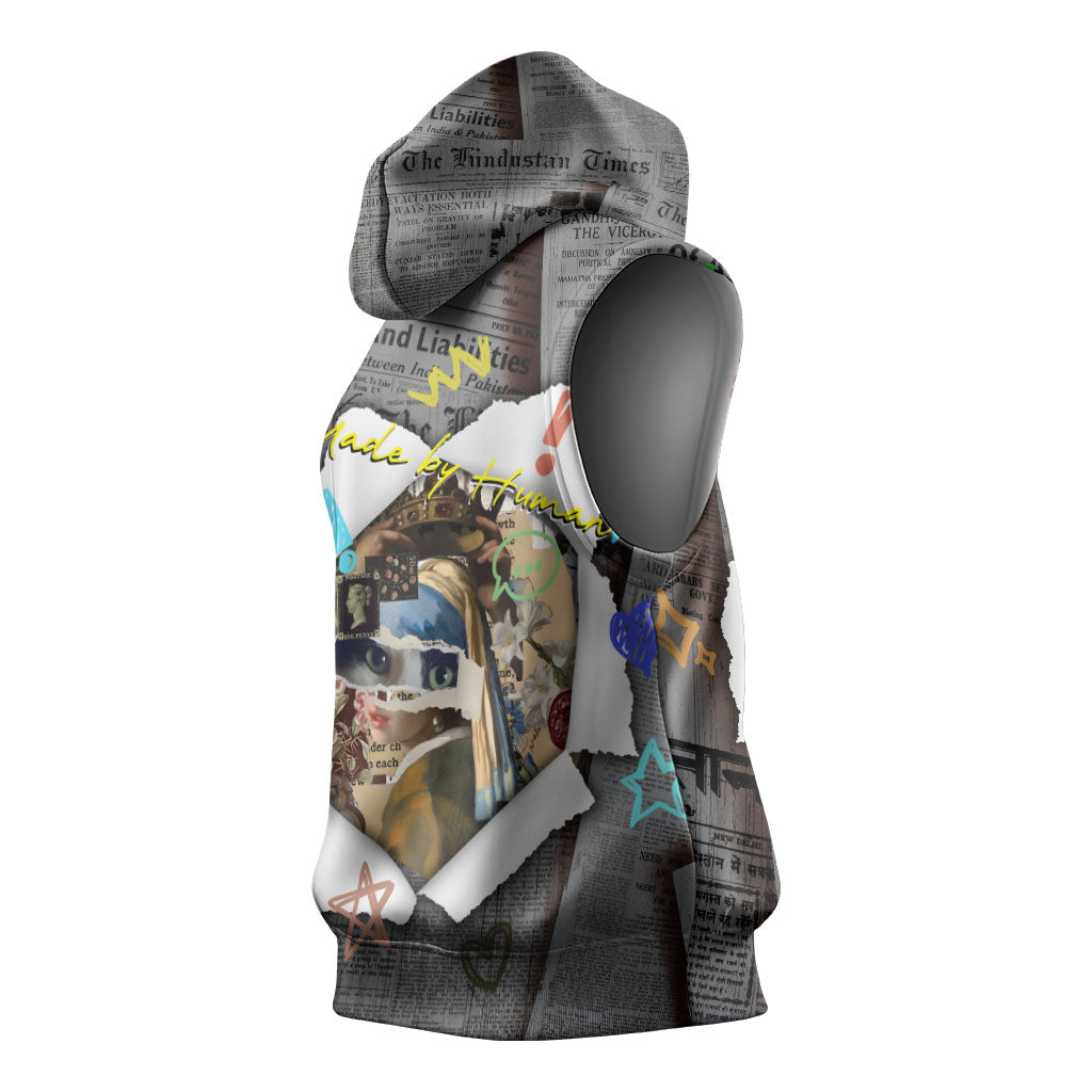 Cat Girl With A Pearl Earring Newspaper Sleeveless Hoodie Made By Human Handmade Mixed Media Pop Art