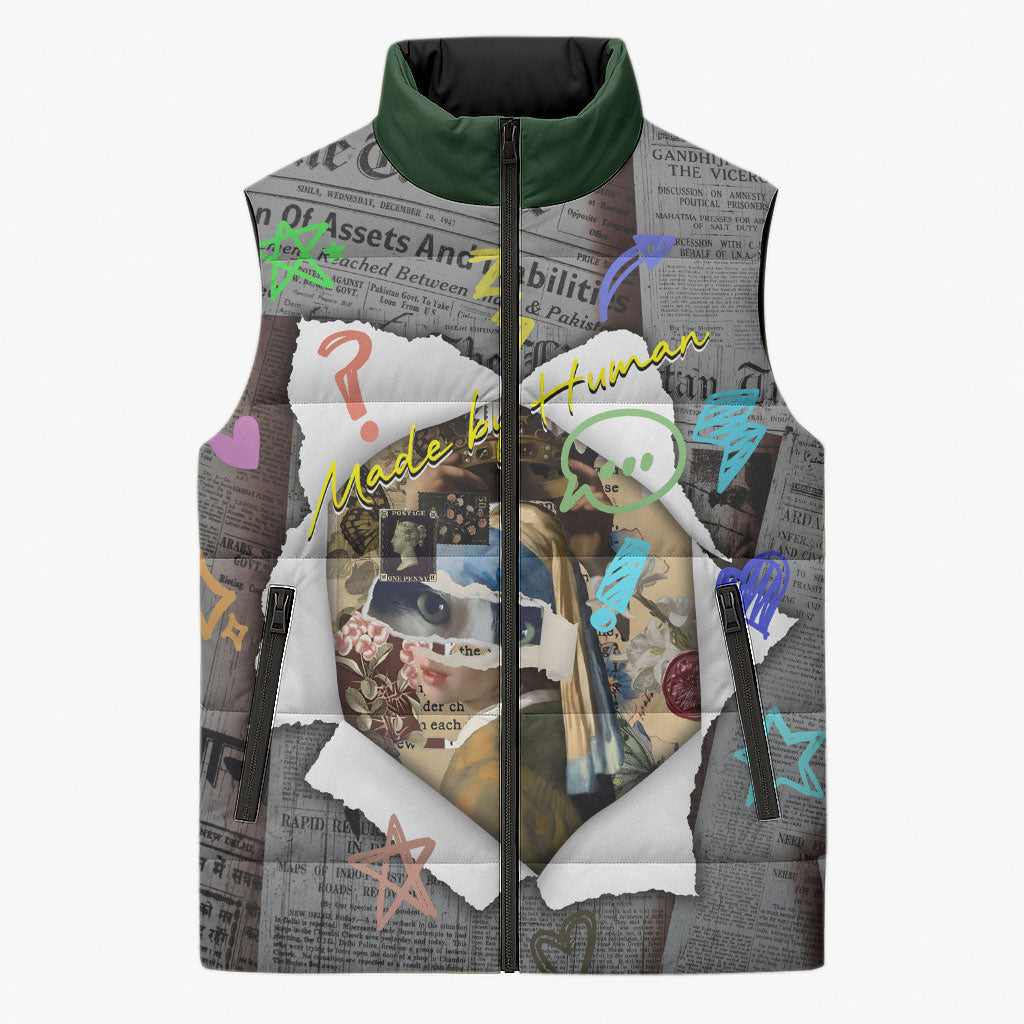 Cat Girl With A Pearl Earring Newspaper Sleeveless Puffer Jacket Made By Human Handmade Mixed Media Pop Art