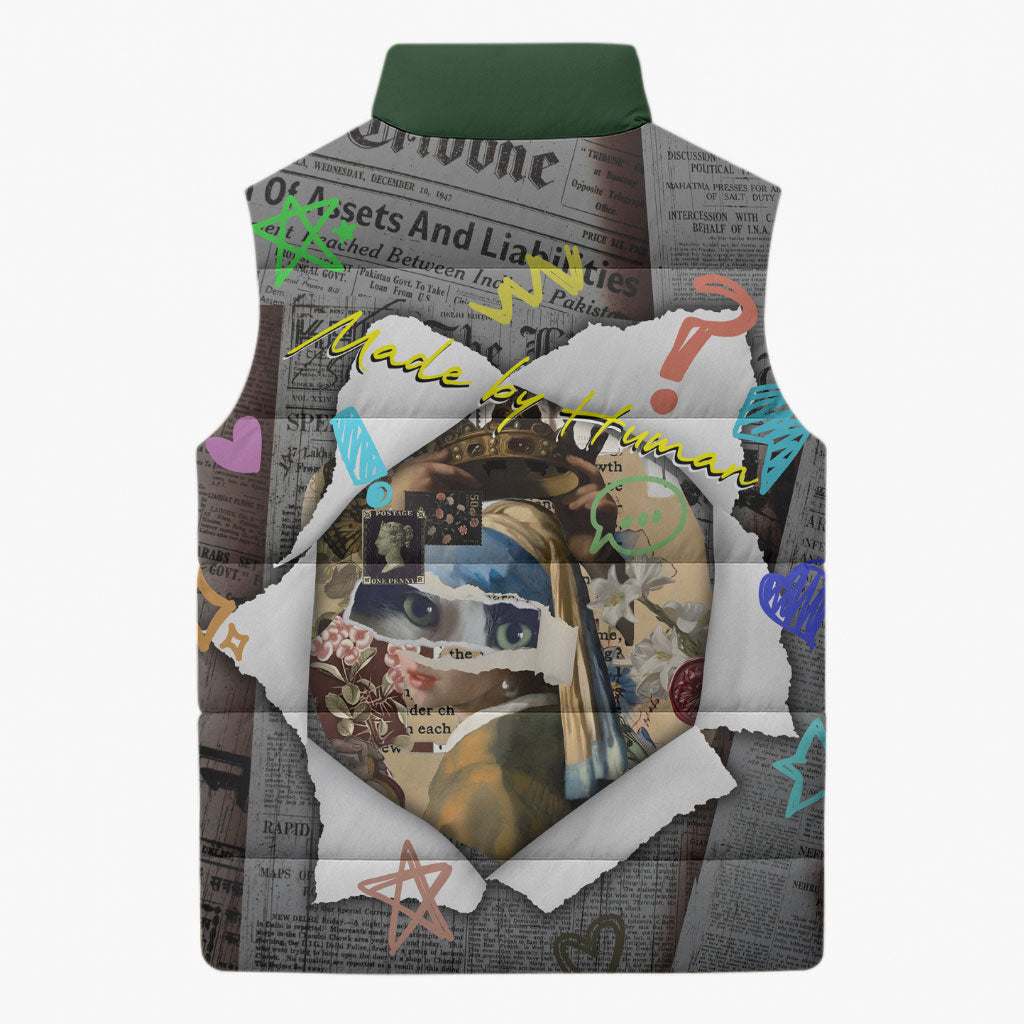 Cat Girl With A Pearl Earring Newspaper Sleeveless Puffer Jacket Made By Human Handmade Mixed Media Pop Art