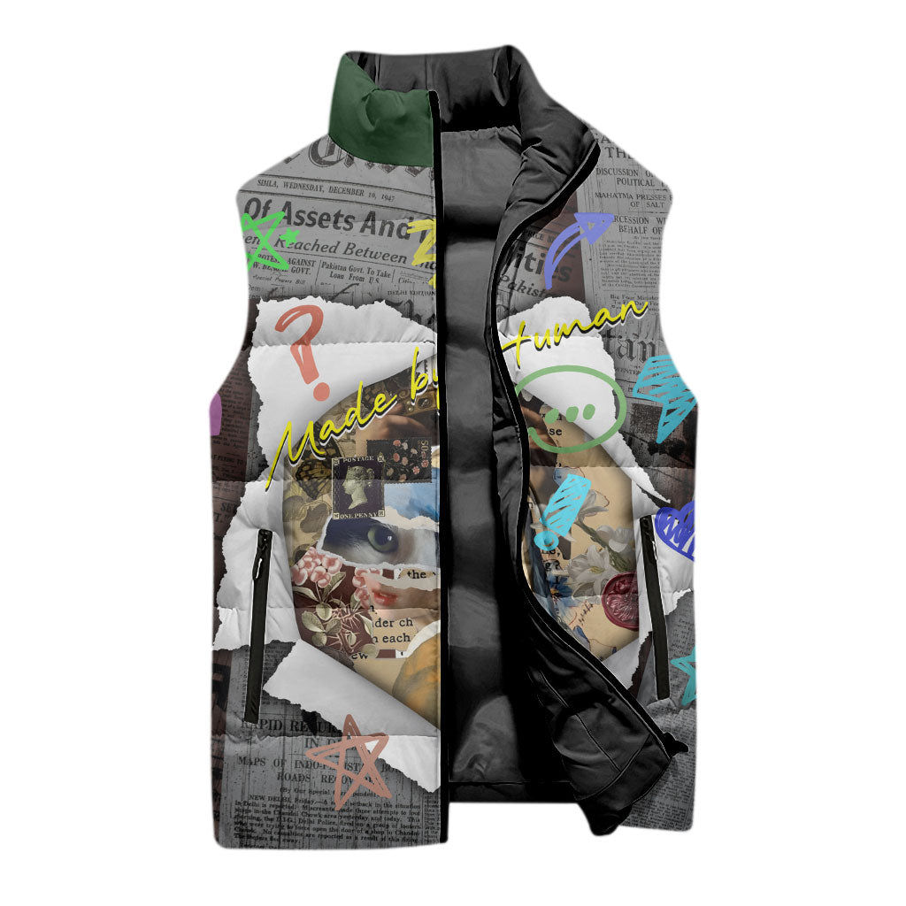 Cat Girl With A Pearl Earring Newspaper Sleeveless Puffer Jacket Made By Human Handmade Mixed Media Pop Art