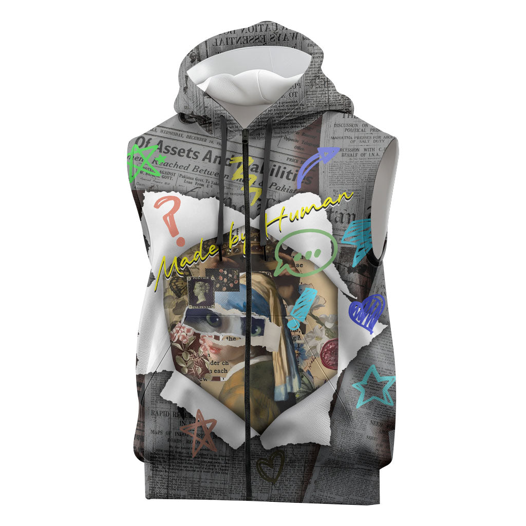 Cat Girl With A Pearl Earring Newspaper Sleeveless Zip Hoodie Made By Human Handmade Mixed Media Pop Art