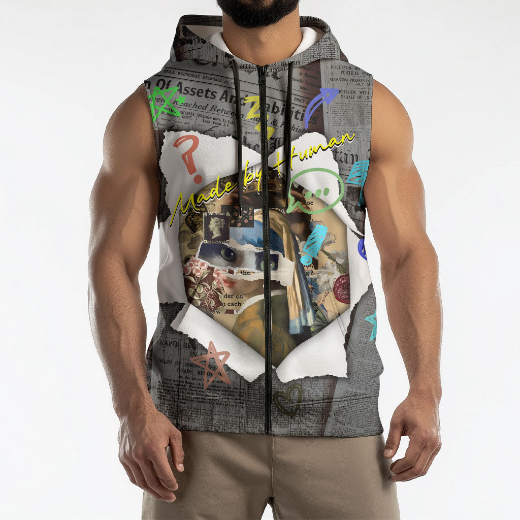 Cat Girl With A Pearl Earring Newspaper Sleeveless Zip Hoodie Made By Human Handmade Mixed Media Pop Art